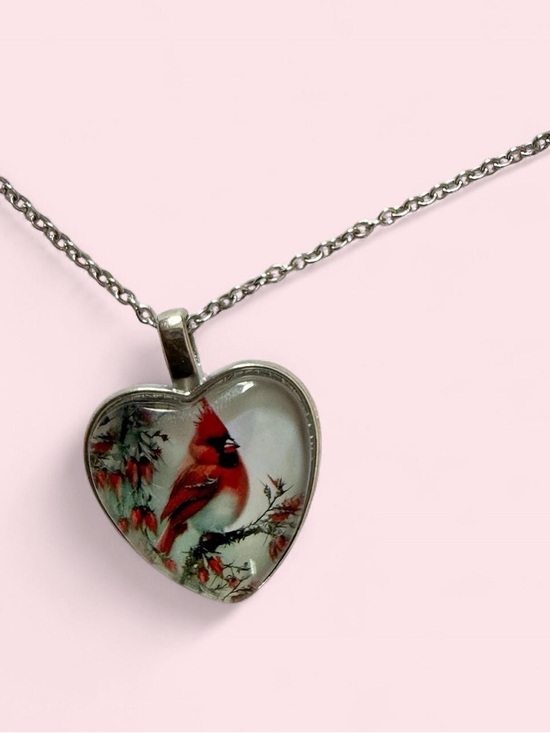 Vintage Jewelry - Vintage Silver Tone Heart Pendant Necklace with Red Cardinal Bird Design